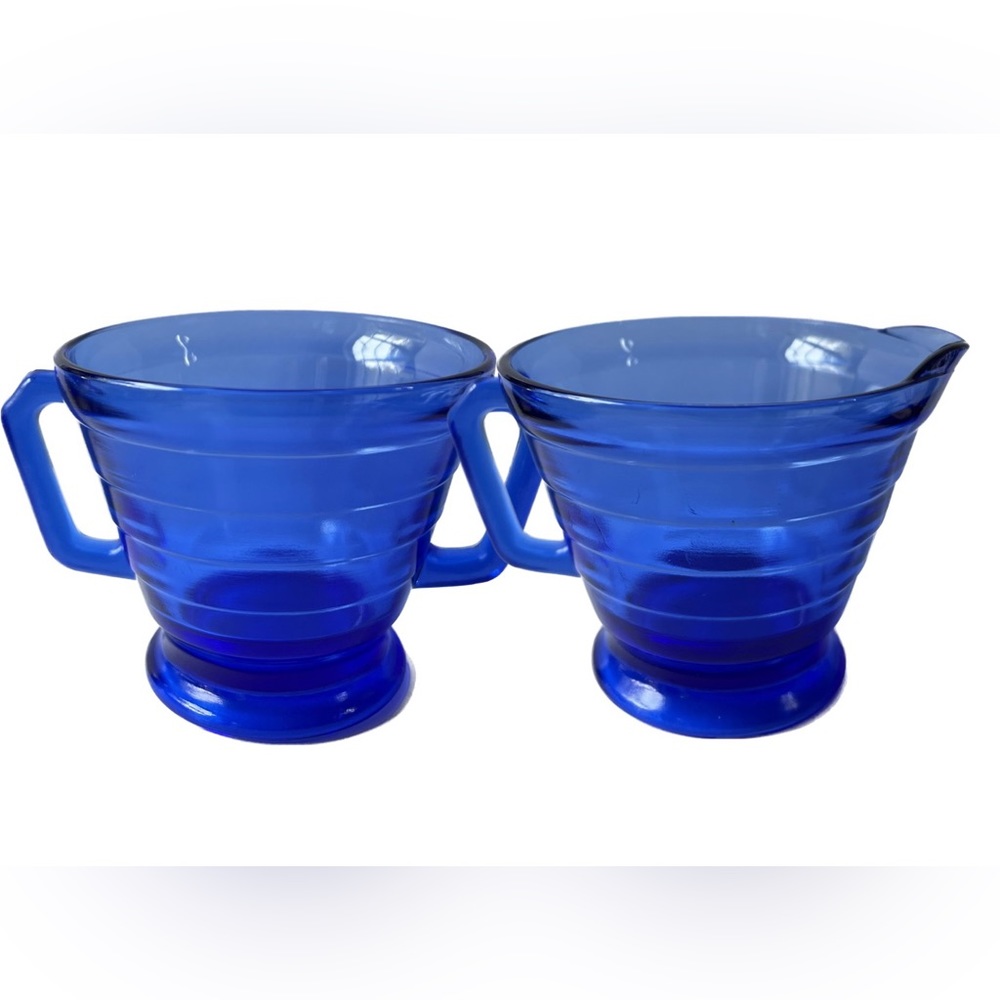 Hazel Atlas Cobalt Blue Cream Sugar Moderntone Depression Glass Art Deco Bands